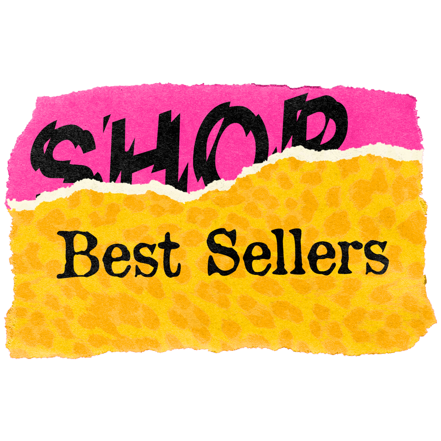 "Shop – Best Seller" Schriftzug auf Magenta, weiß, gelben Hintergrund