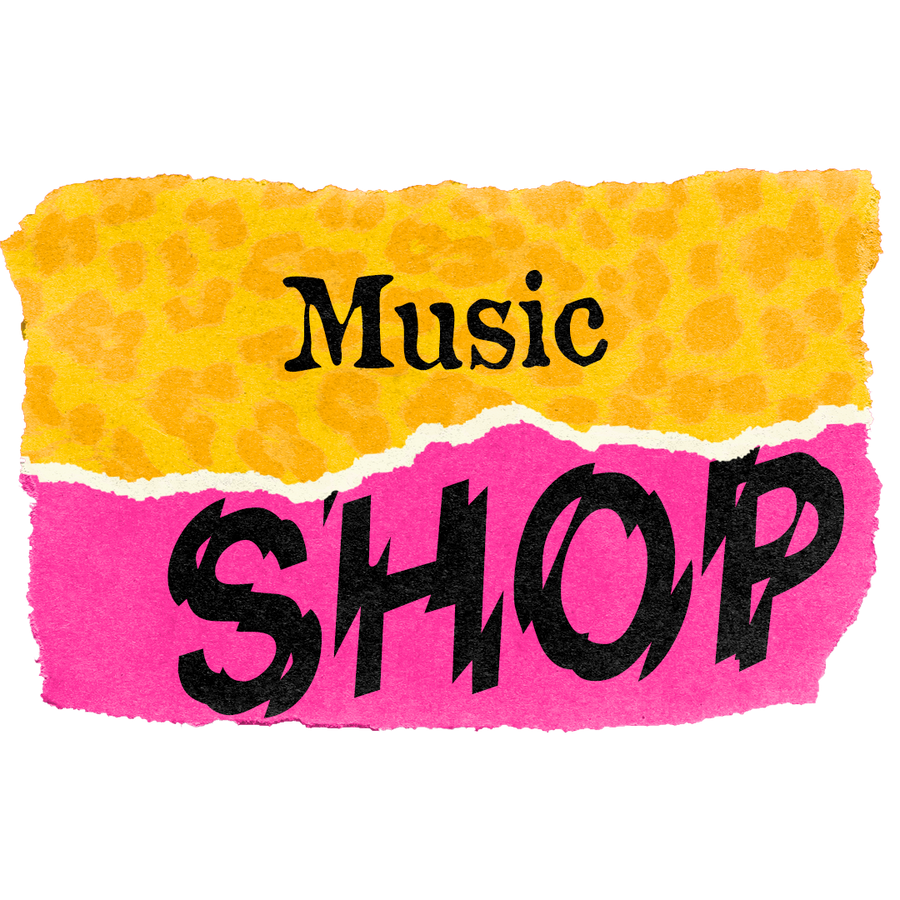 "Shop – Music" Schriftzug auf Magenta, weiß, gelben Hintergrund