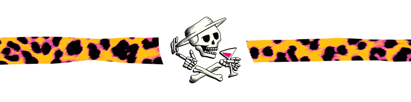 Banderole in gelb-magenta Leopardenmuster und einem Skelett mit Martini Glas in der Hand